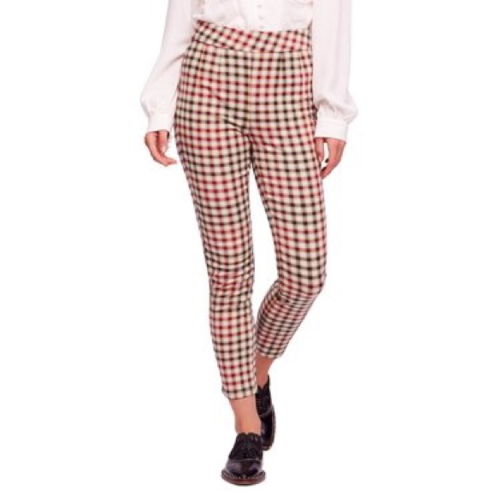 Free People High Waist Pants Maroon Black Plaid Stretch Skinny Preppy